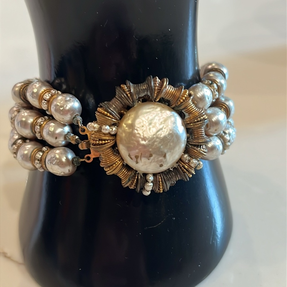 Miriam Haskell Signed Vintage Silver tone Faux Baroque Pearl Bracelet.